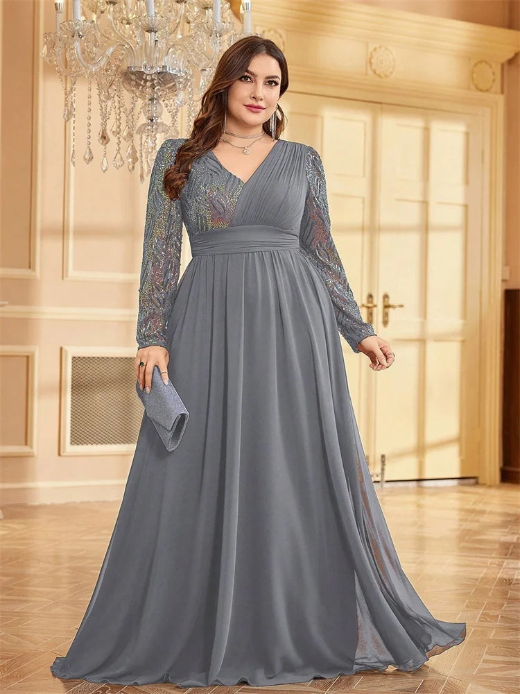 Lucyinlove Plus Size Luxury Chiffon Splicing Long Sleeve Evening Dresses Women Sequins Wedding Party Cocktail Floor Lenght Gowns