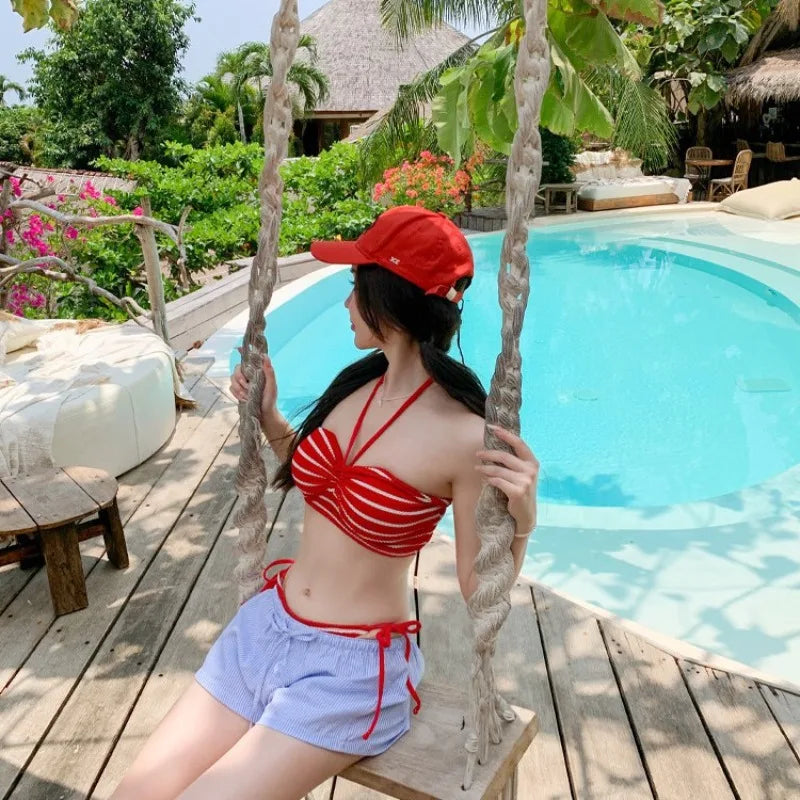 Sweet Cute Style Bikini Women's Separate Neck Hanging Shoulder Strap Swimming Suit Vacation White Highlighting Female Swimwear