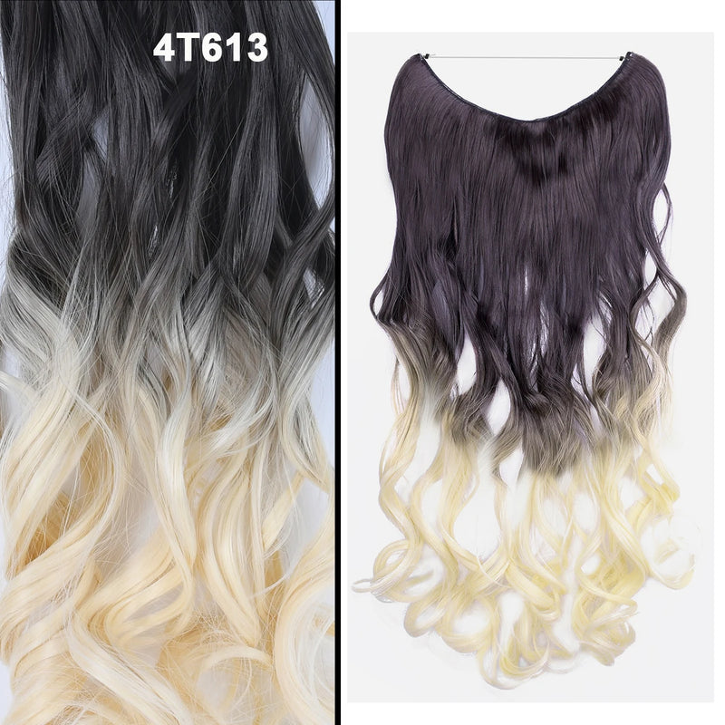 Jeedou One Piece Synthetic Hair Extension No Clips Whit Invisible Line Straight&Wavy Hair Hairpieces Brown Blue Ombre Color