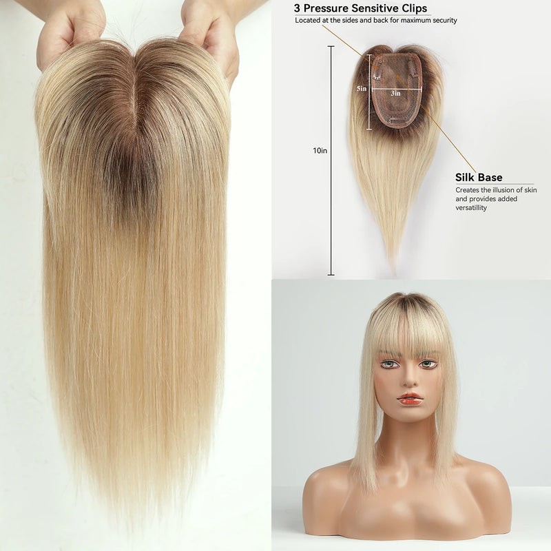 Toppers de cabelo loiro ombre para mulheres 100% remy cabelo humano topper com base de seda bang clipe em topper extensão de cabelo com cabelo fino