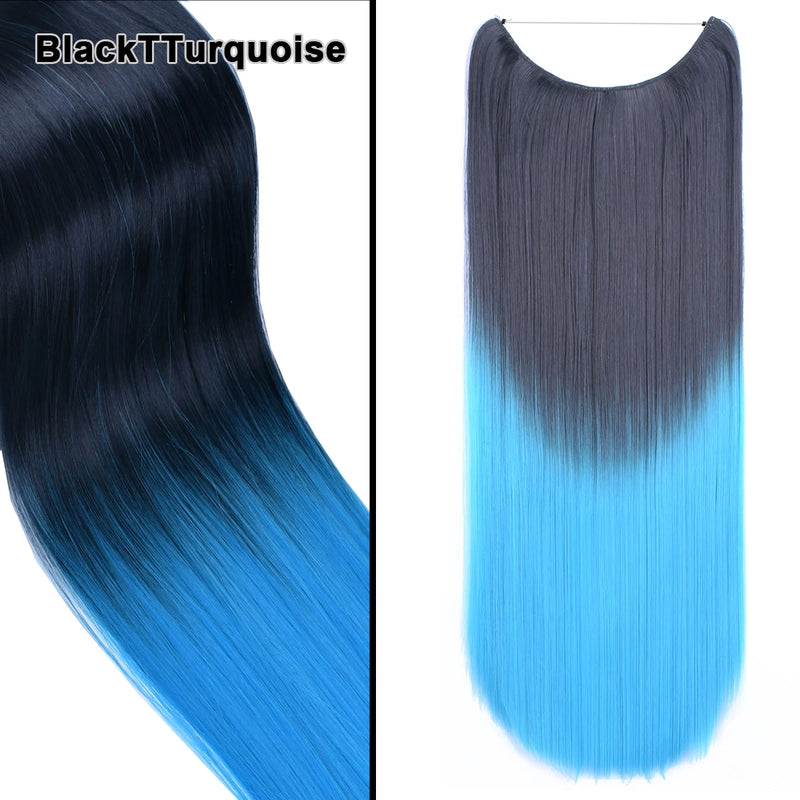 Jeedou One Piece Synthetic Hair Extension No Clips Whit Invisible Line Straight&Wavy Hair Hairpieces Brown Blue Ombre Color