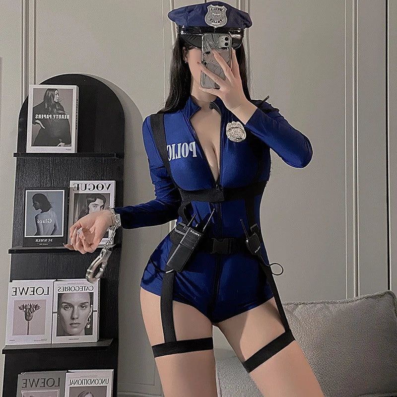 Trajes exóticos lingerie sexy boate feminino uniforme da polícia duplo zíper livre virilha aberta cospaly outfit saia sexy