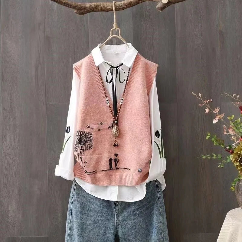 Artistic Knitted Sweater Vest Women's Faionable Yarn Top V-ne Button Detail Regular Length Pure Color Commute Sle