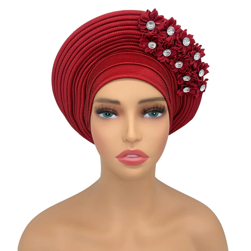New African Headtie Turban Nigeria Head Ties with Flowers Already Made Auto Gele Women Head Wraps for Wedding Party