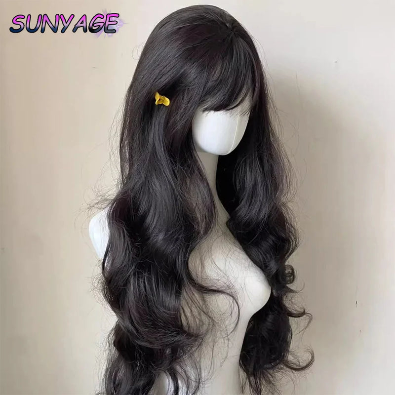 SUNYAGE Lolita Black Wig for Women Long Wavy Hair 75cm Curly Wig with Bangs Cosplay Headband Wigs Synthetic Wigs for Daily Use