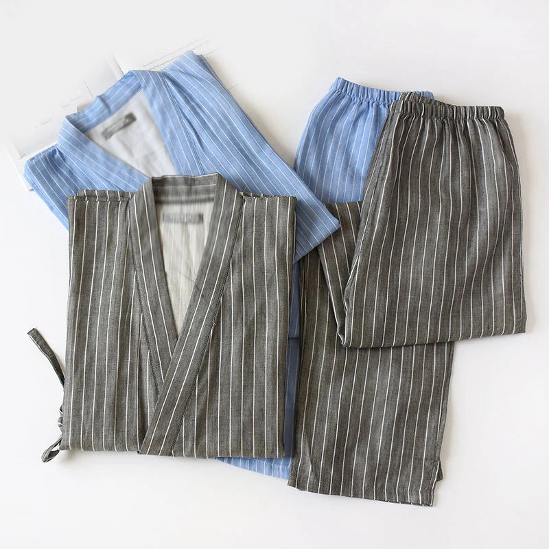 Couple Cotton Pajamas Suit Japanese Style Kimono Yukata Sleepwear Tops Pants Set Indoor Home Bathing Costume Women Men Gift