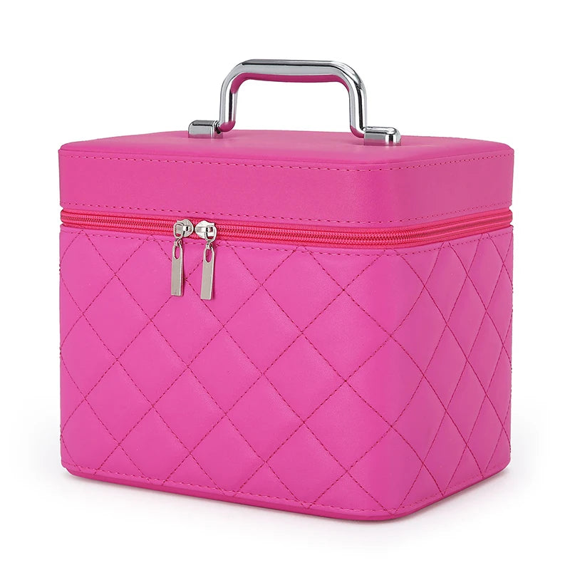 Large Capacity Quilted Makeup Bag Travel Cosmetic Organizer PU Portable Toiletry Storage Handheld Bag