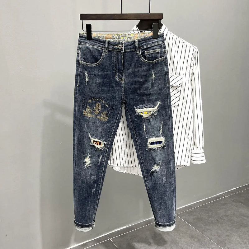 2025 Brand Luxury Men's Clothing Jeans New Slim-fit Ripped Pants Men's Trendy Brand Elastic Versatile Spirit Guy Work Pants Man