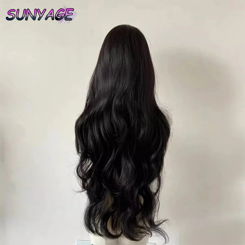 SUNYAGE Lolita Black Wig for Women Long Wavy Hair 75cm Curly Wig with Bangs Cosplay Headband Wigs Synthetic Wigs for Daily Use