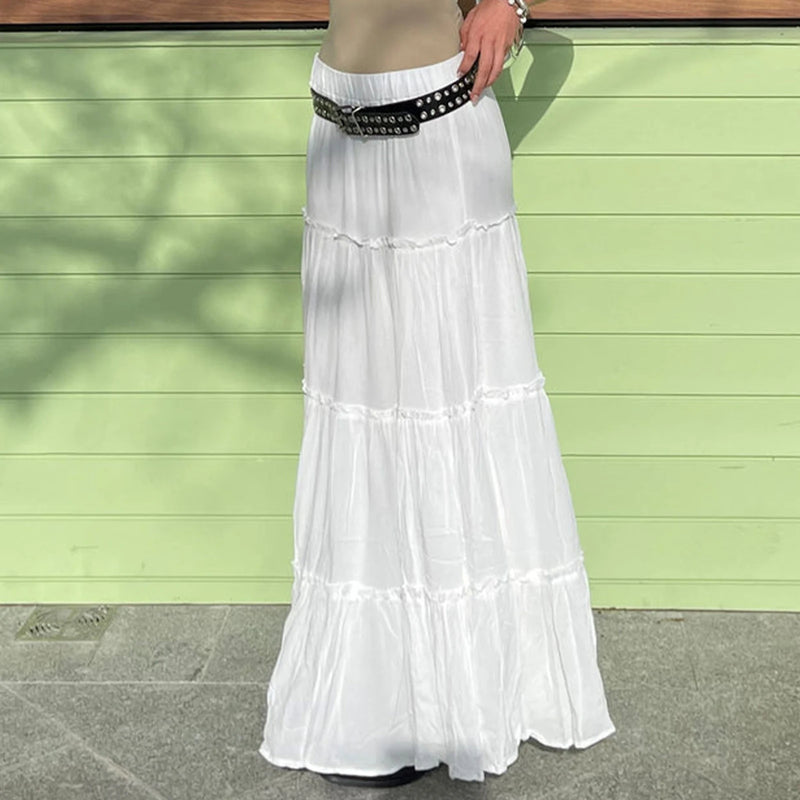 Women's Tiered Long Skirts Drawstring Elastic Waist Solid Color Ruched Midi Skirts Side Split Long Skirts Summer Beachwear