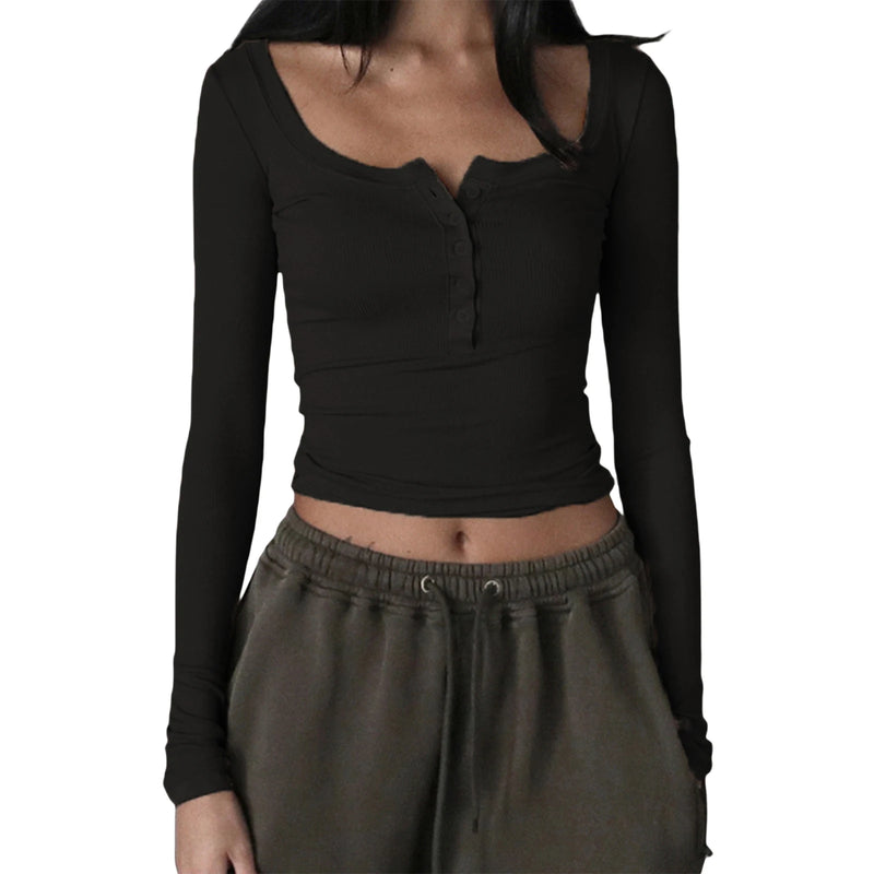 Women Knitted Henley Shirt Casual Solid Color Retro 1/2 Button Long Sleeve Crop Tops Streetwear Clubwear