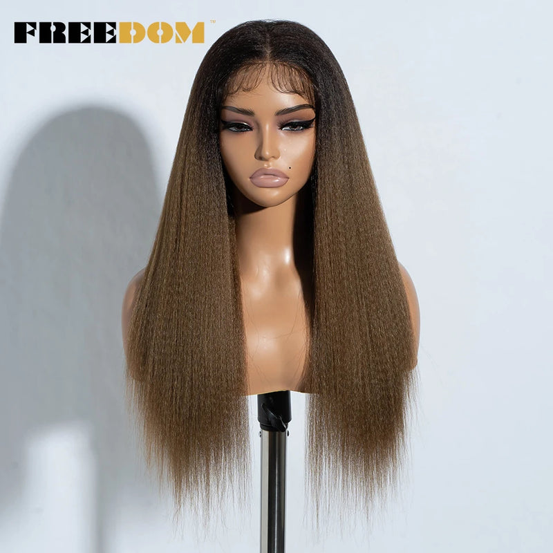 FREEDOM Yaki Straight Synthetic Lace Front Wigs For Women 26" Ombre Brown Blonde Lace Wig Heat Resistant Clearance Cosplay Wig