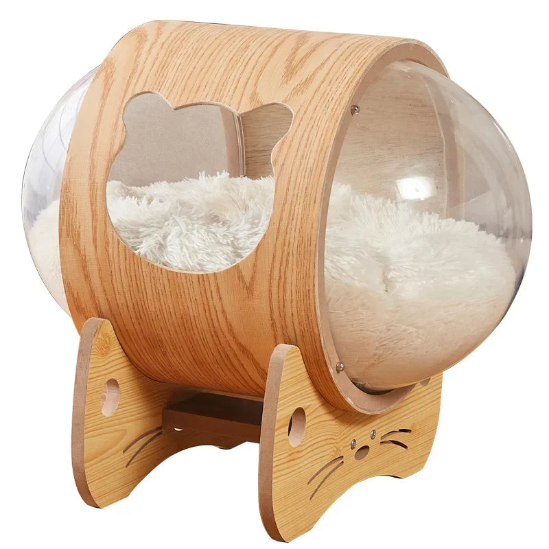 Cat Transparent Space Capsule Cat Nest Climbing Solid Cabin Capsule Wooden Delivery Room Four Seasons Universal Pet Supplies