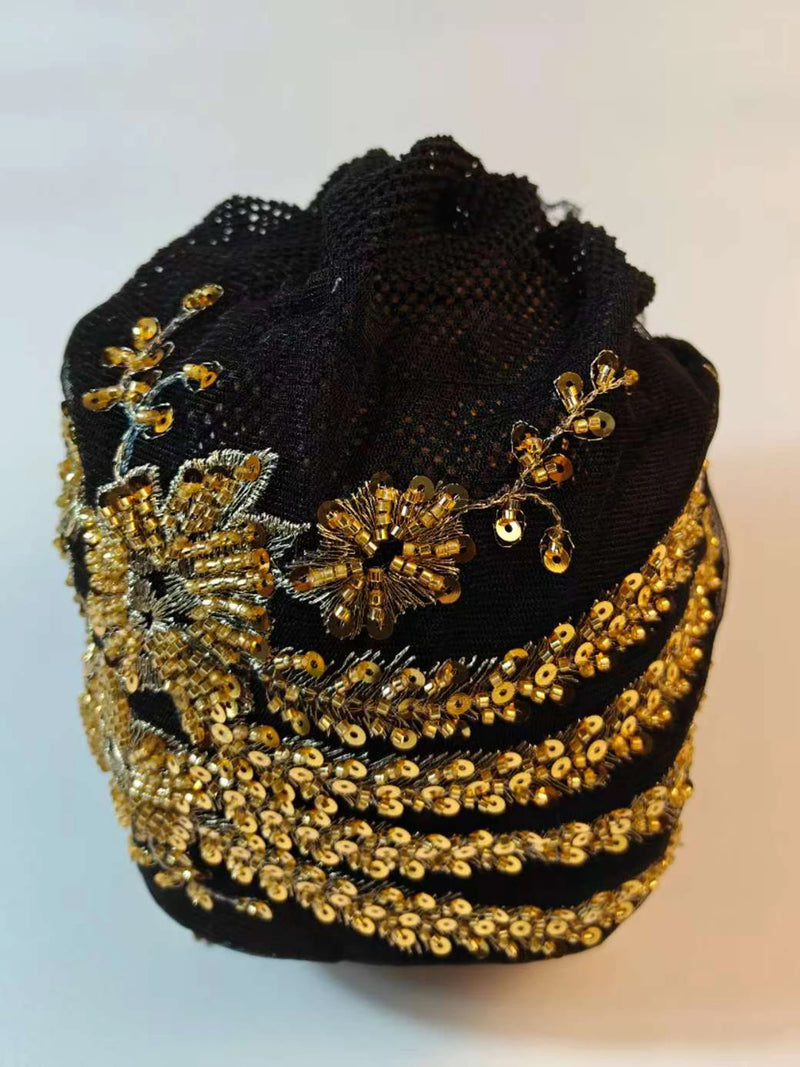 African Female Wrap Head Bonnet Muslim Turban Hat Lady Head Wraps Glitter Luminescence Beading Pleated Turban Cap for Women
