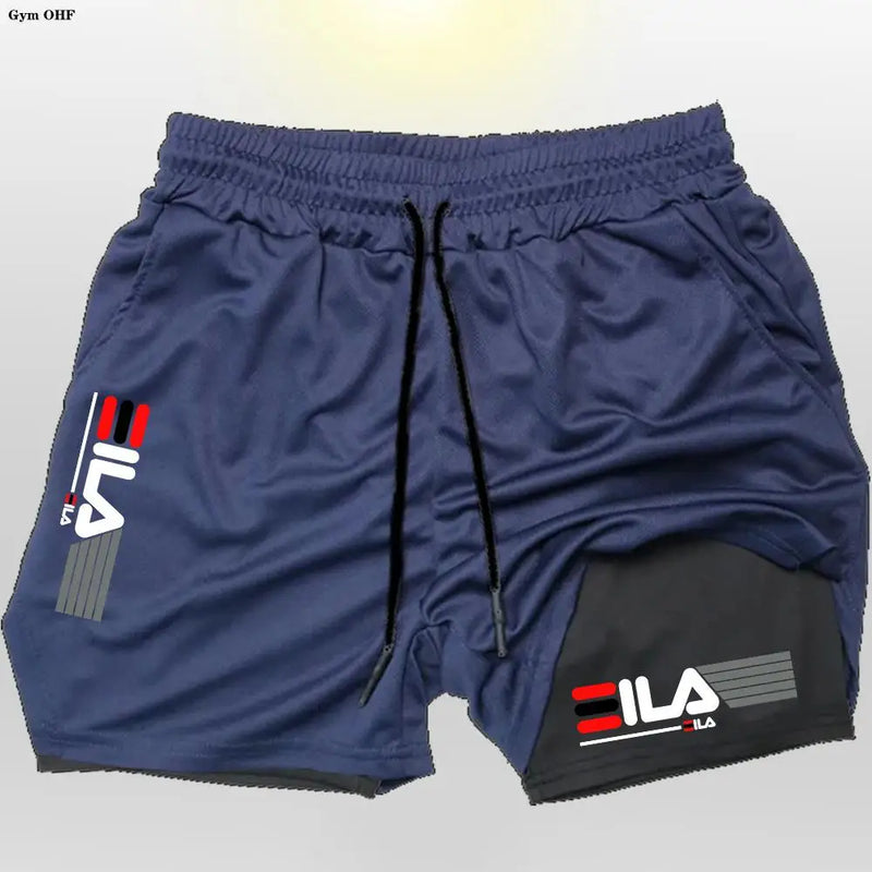 Shorts corrida secagem rápida para homens, esportes de ginástica, ao ar livre, treino, fitness, jogging, calças curtas, 2 em 1, verão