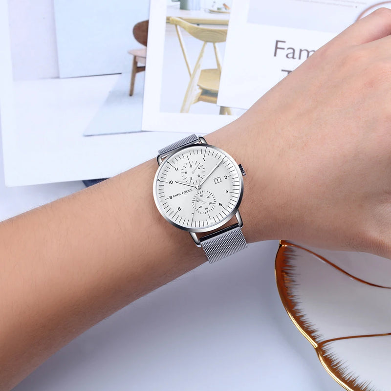 Mini foco luxo à prova dwaterproof água relógios masculinos calendário janela prata negócios relógio de quartzo pulseira aço inoxidável mãos luminosas 0052