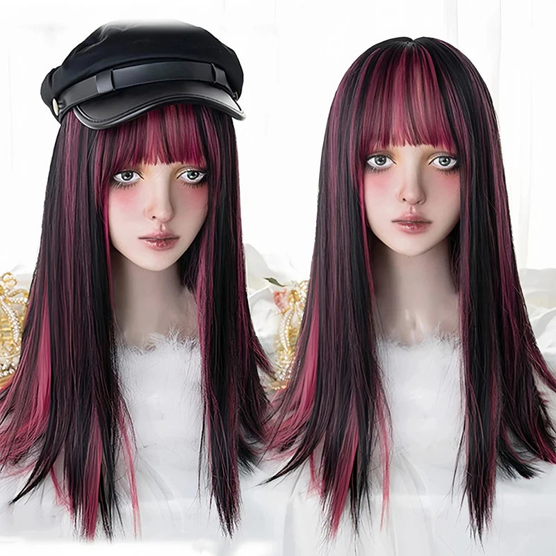 OLACARE  Synthetic Long Straight Lolita Wig with Bang Black Red Two-Tone Cosplay Party Halloween Christmas Wavy Curly Wig