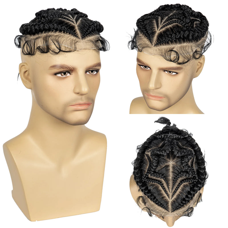 Men's Toupee Hair HD Full Lace Male Hairpieces with Cornrow Braids White Hair Reaplcement Synthetic Short Hair Topper for Men