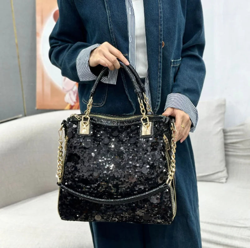 New sequin handbag Korean version of fashion senior women's bag large capacity soft leather bead single shoulder crossbody bag