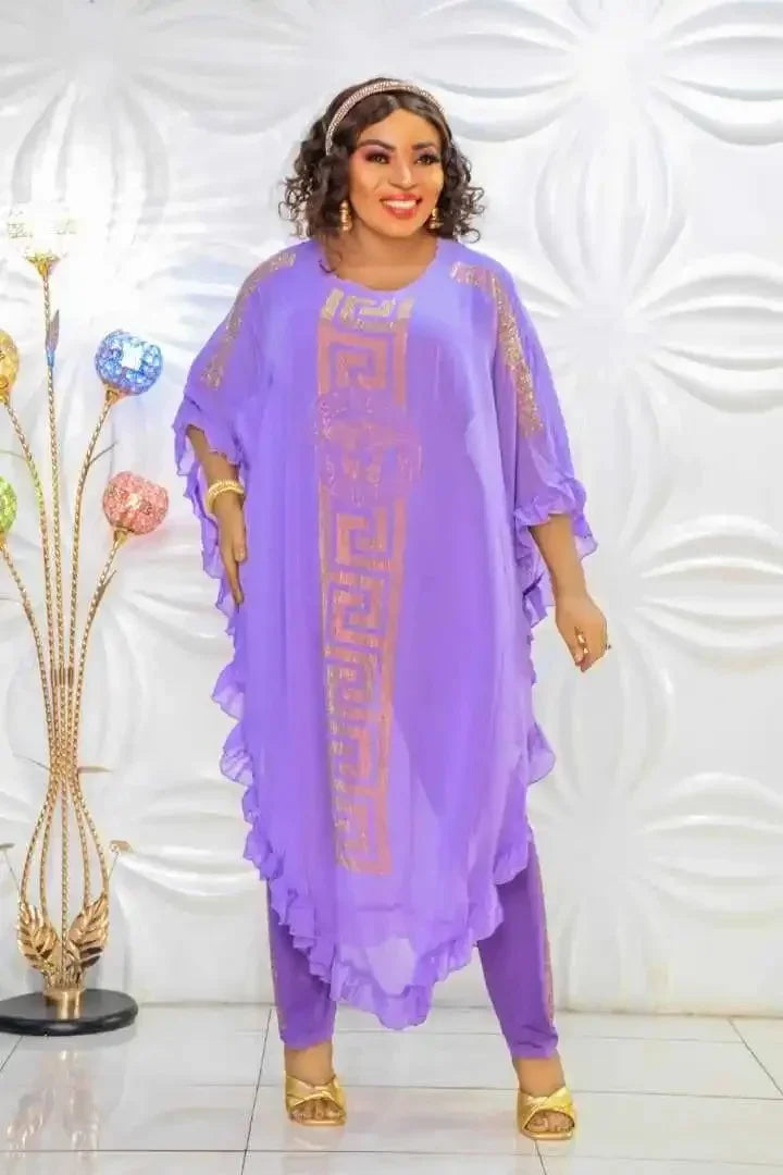 African Plus Size Chiffon Medium-Length Three-Piece Suit Ultra-Fine Fiber Five-Sleeve Fly Sleeve Chiffon Skirt Set