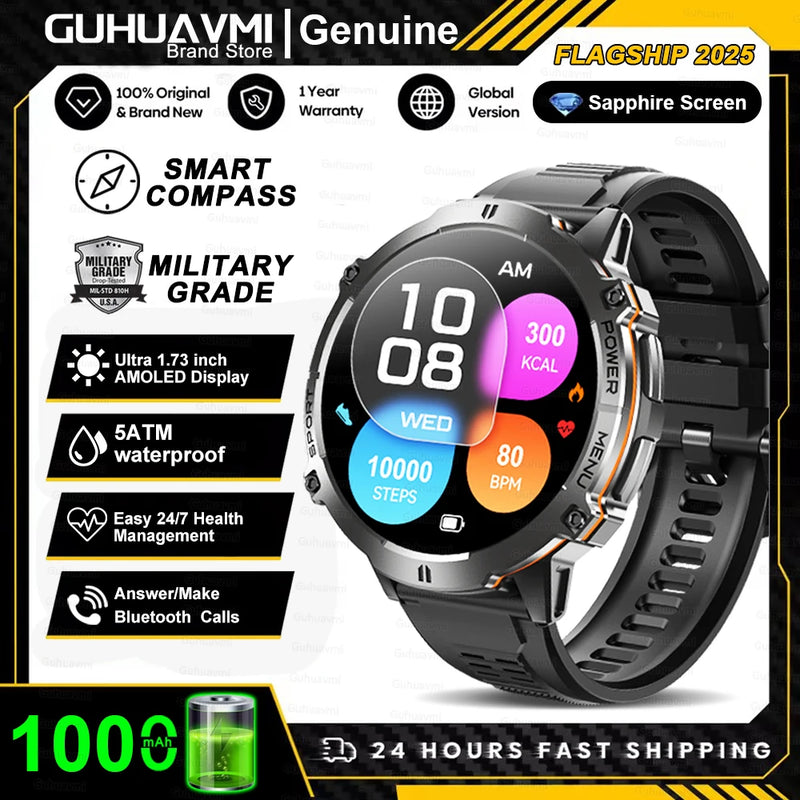 T-rex 3 grau militar 1000mah bateria relógio inteligente 10atm à prova dwaterproof água gps bússola altímetro chamada amoled masculino nadar esportes smartwatch