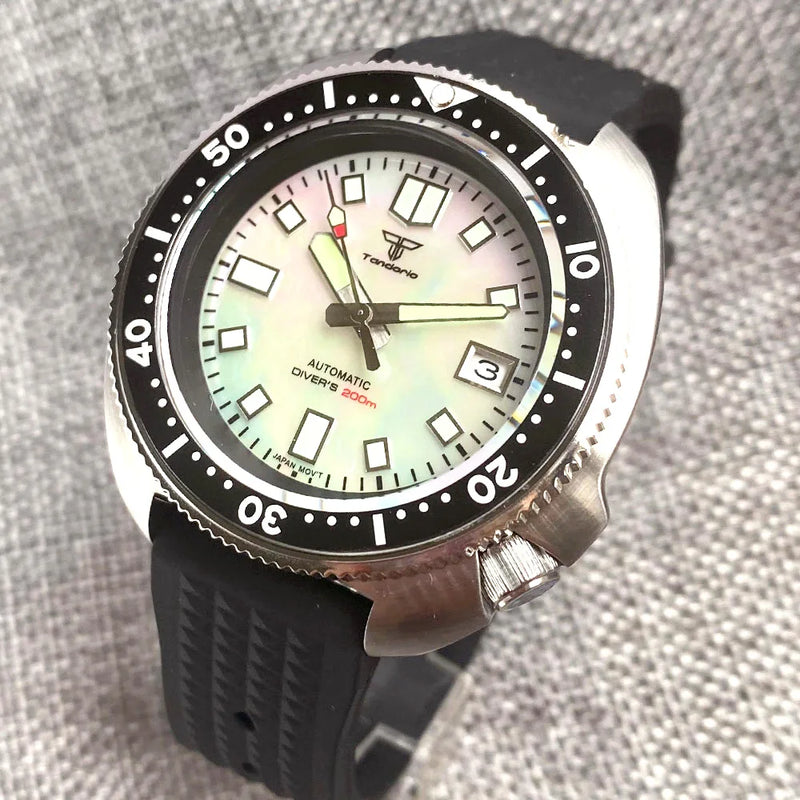 Tandorio NH35A Mother of Pearl White Black Dial Automaitc  Mens Watch Captain Mechanical 20Bar Silicone Strap Diving Lume Clock