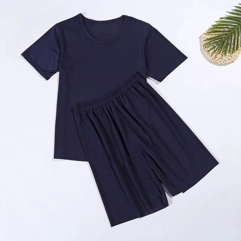 Summer Lightweight Loose Casual Short Sleeve T-Shirt Five-Point Pants Sleepwear Set for Men And Women Home Comfortable Pyjamas