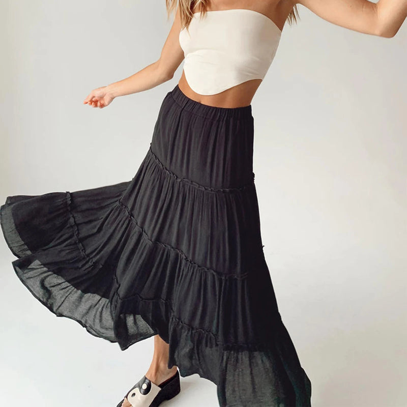 Women's Tiered Long Skirts Drawstring Elastic Waist Solid Color Ruched Midi Skirts Side Split Long Skirts Summer Beachwear
