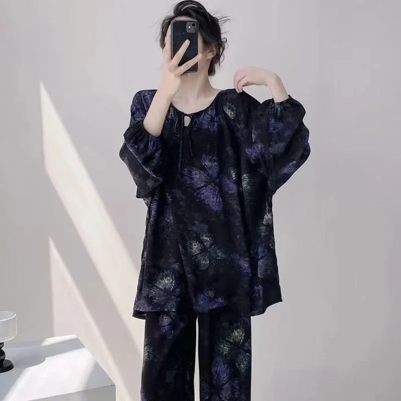 Spring Autumn Cotton Silk Sleepwear Women Loose Thin Home Clothes Set Large Size V-neck Comfortable Breathable Home Fashion