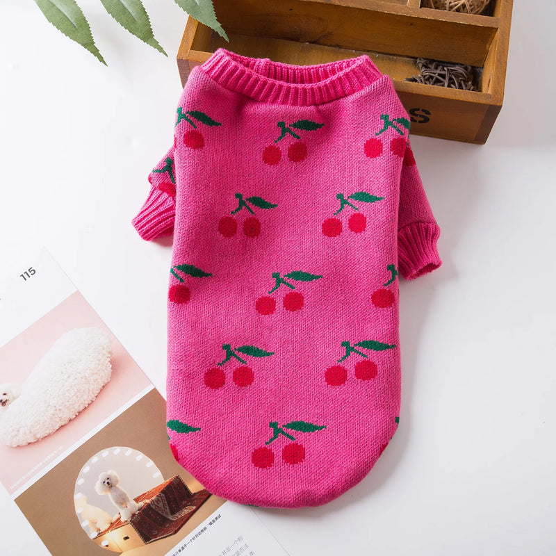 Pet High Collar Sweater Little Dog Christmas Clothes Diamond Grid Embroidered Cherry Sweater Christmas Small Dog Pet Clothes