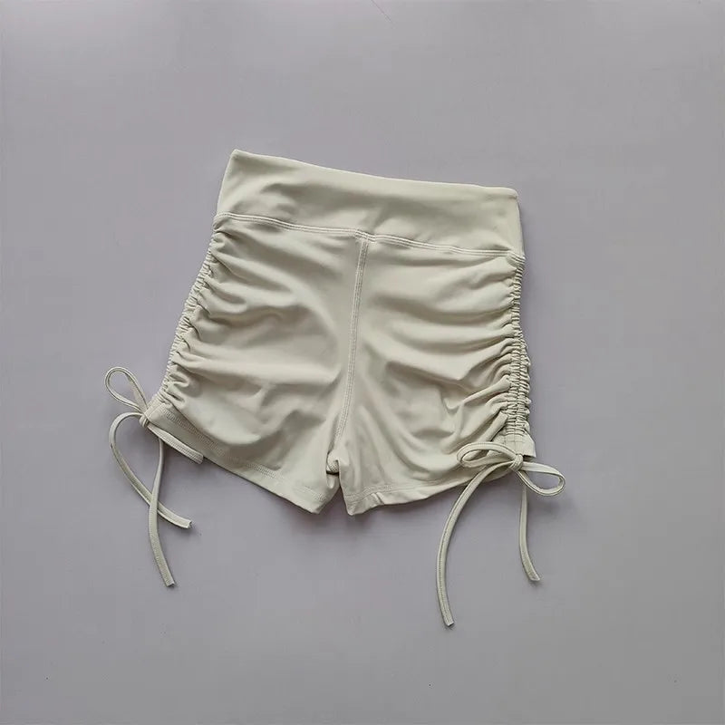 Shorts de fitness de yoga feminino de cintura alta sexy cordão amarrado calças quentes esportivas de três partes para fitness e exercício