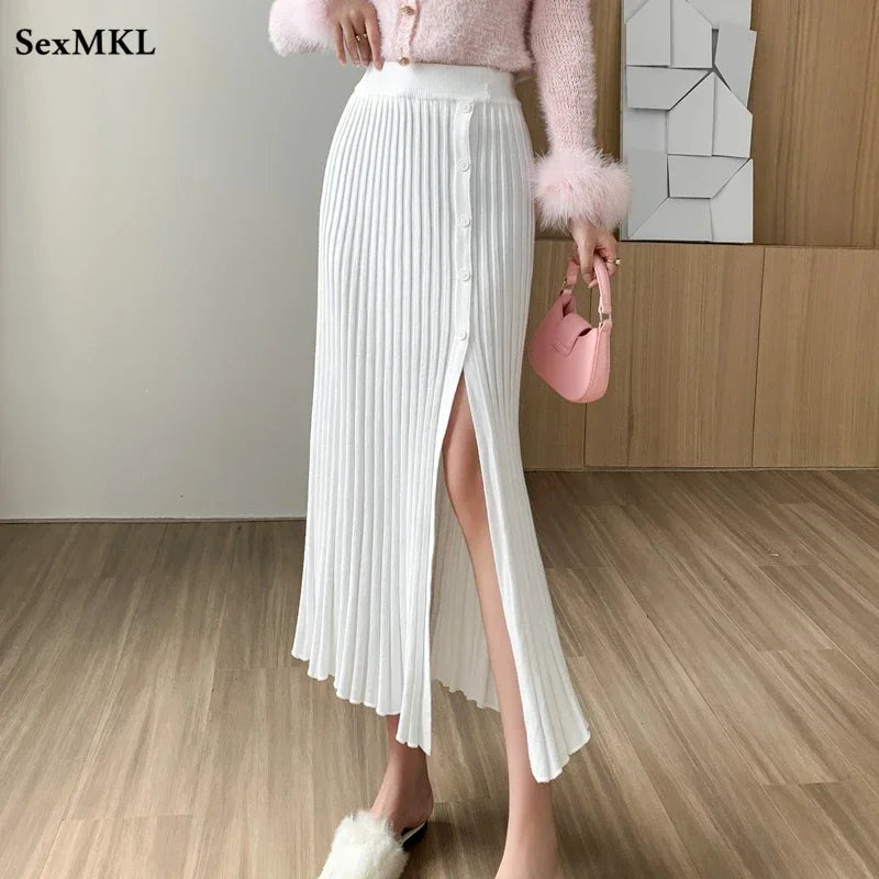 New Fashion Knitted Pleated Skirts Women 2024 Autumn Winter High Waist A Line Faldas Korean Sexy Mid Length White Black Skirt