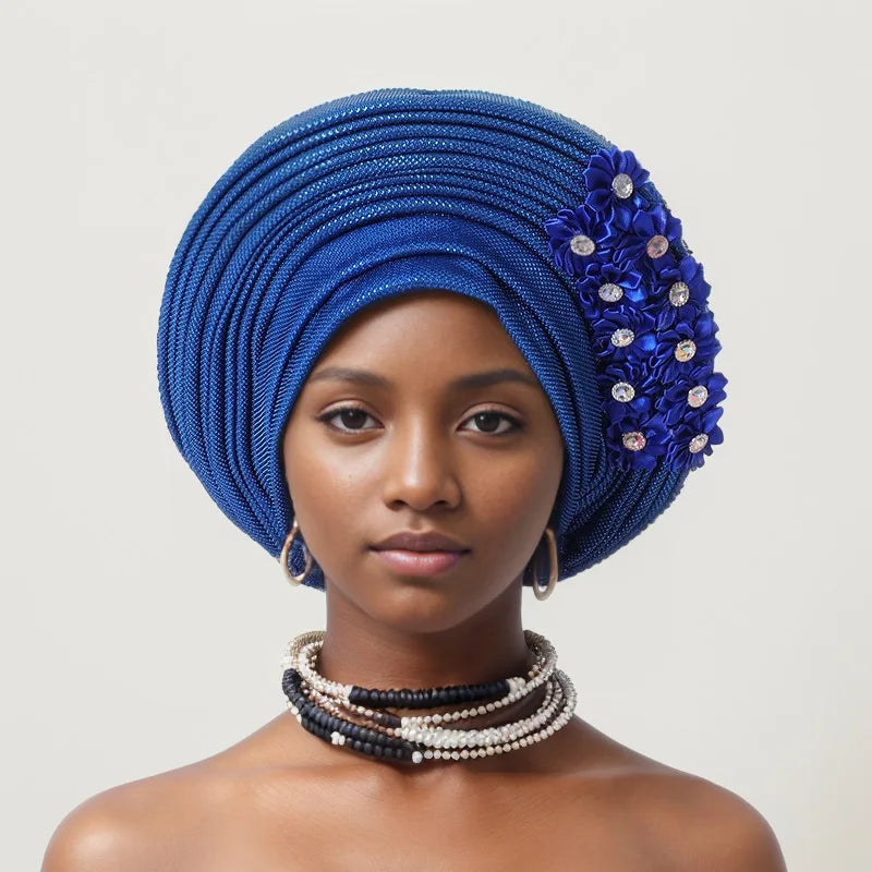 Vermelho Multi-Layered chapéu de turbante, Africano Fan Shaped cabeça Wraps, Headwear plissado com Cristal, Nigéria Headtie, Auto Gele, Casamento