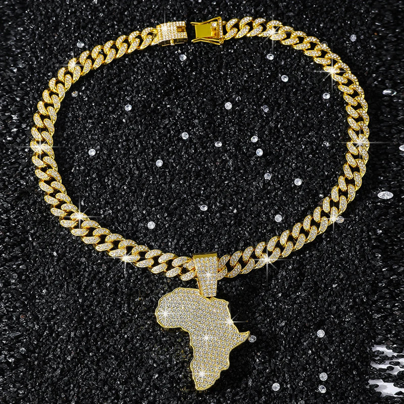 Men Women Hip Hop Africa Map Pendant With 13mm Rhinestones Miami Cuban Chain HipHop Iced Out Bling Necklaces Fashion Jewelry