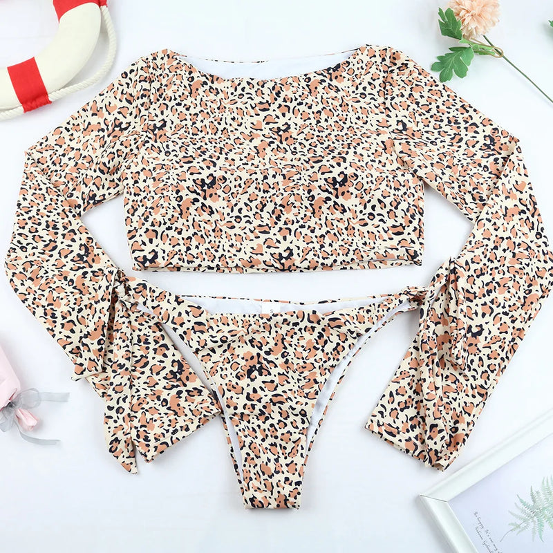 Women's Two Pieces Swimsuit Leopard Printing Bikini Long Sleeve Sun Protection Rash Guard Padded Swimwear Swimming Bathing Suits