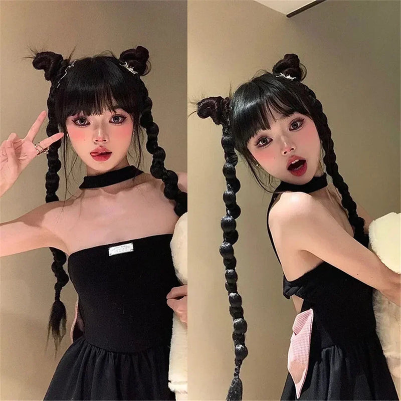 synthetic wig 2Pcs Hip-Hop Women Black Braided Twisted Ponytail Wig Long Braid Extensions Girls Hair Accessories
