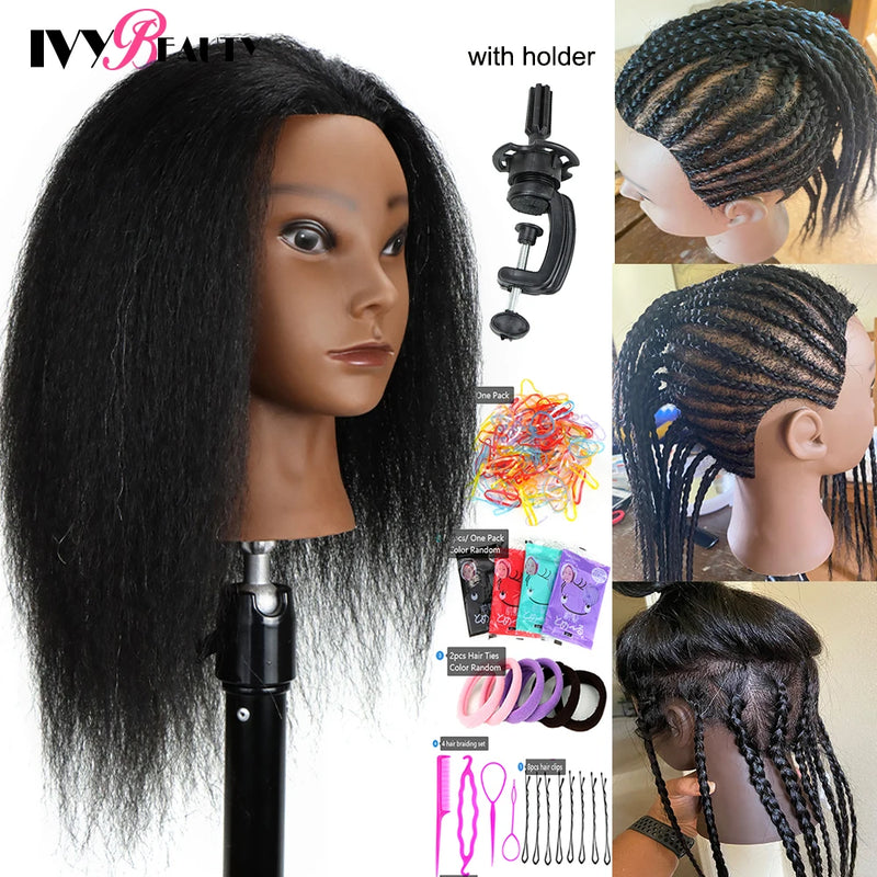 African American Mannequin Head With 100% Real Human Hair 16inch Hairdresser Training Manikin Head For Practice Styling Braiding