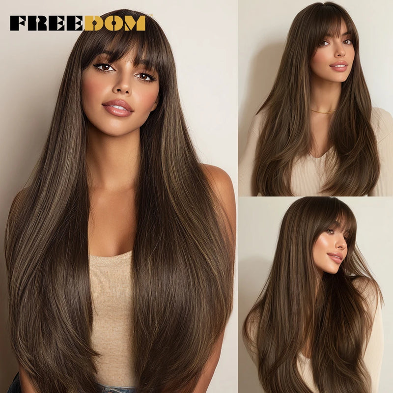 FREEDOM Synthetic Wigs For Women Long Straight Wig With Bangs White Burgundy Ombre Brown Wig Heat Resistant Fiber Cosplay Wigs