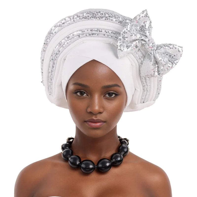 Lantejoulas Bowknot Headtie Africano, Nigeriano Auto Gele Envoltórios Cabeça das Mulheres, Já Feito Boné de Turbante, Casamento Geles Festa Capacete
