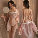 Vestido de quimono bordado feminino, Hanfu Cosplay Costume, Lingerie Sexy, Top Panty Set, peça de papel exótica, perspectiva pijamas