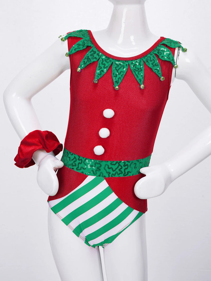 Girl Christmas Gymnastic Leotards with Headband Outfit Sleeveless Ballet Dance Bodysuit Xmas Elf Costume Xmas Athletic Dancewear