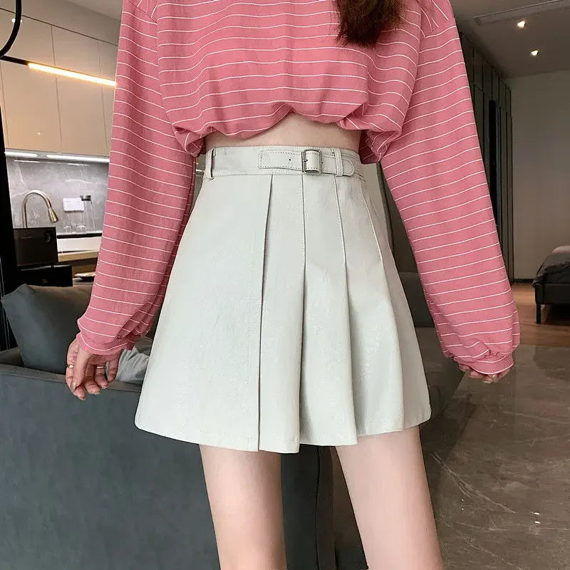 2025 New Faux Leather Skirt Women Korean Solid PU Black/White High Waist Skirt Woman