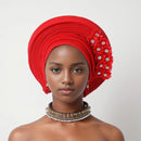 Vermelho Multi-Layered chapéu de turbante, Africano Fan Shaped cabeça Wraps, Headwear plissado com Cristal, Nigéria Headtie, Auto Gele, Casamento
