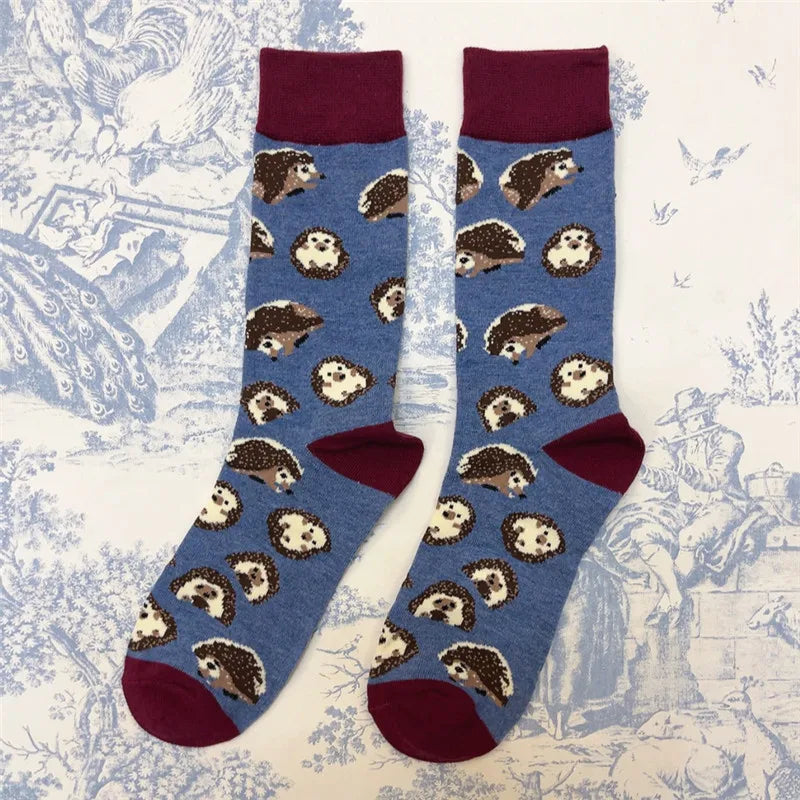 1Pair Adult Size Mid Calf Crew Cartoon Hedgehog Cottton Unisex Socks British Style Casual Harajuku Forest Animal Art Couple Fun