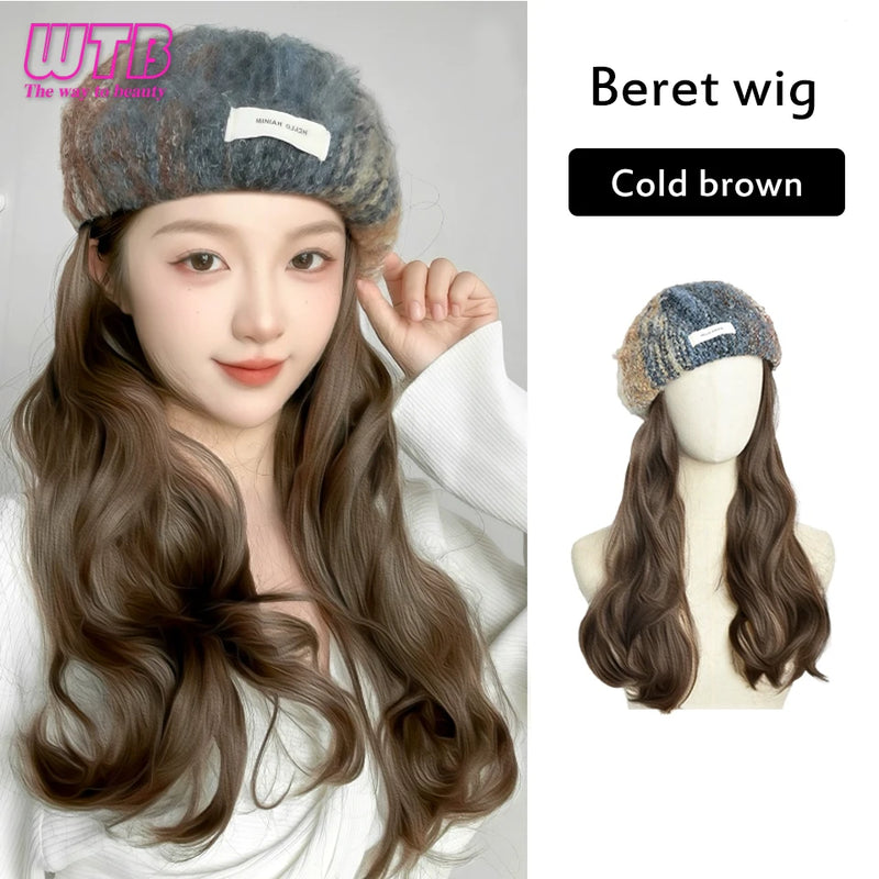 WTB Wavy Curly Hair Hat Wig Long Hair Black/Golden Beret Autumn Winter Hat Chemical Fiber Wig Hair Extensions Hair Accessories