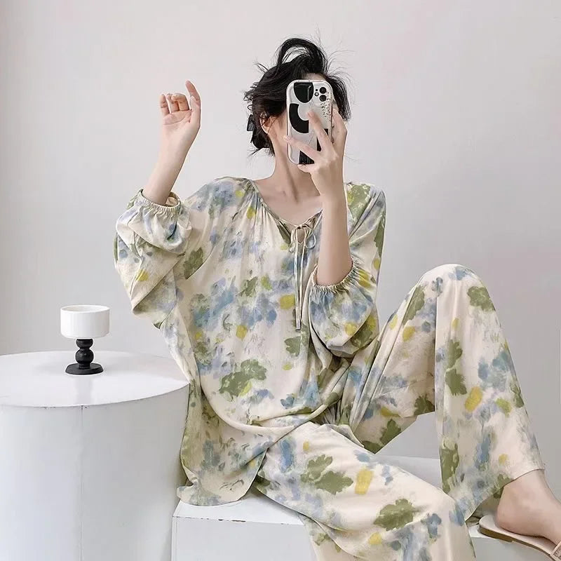 Spring Autumn Cotton Silk Sleepwear Women Loose Thin Home Clothes Set Large Size V-neck Comfortable Breathable Home Fashion
