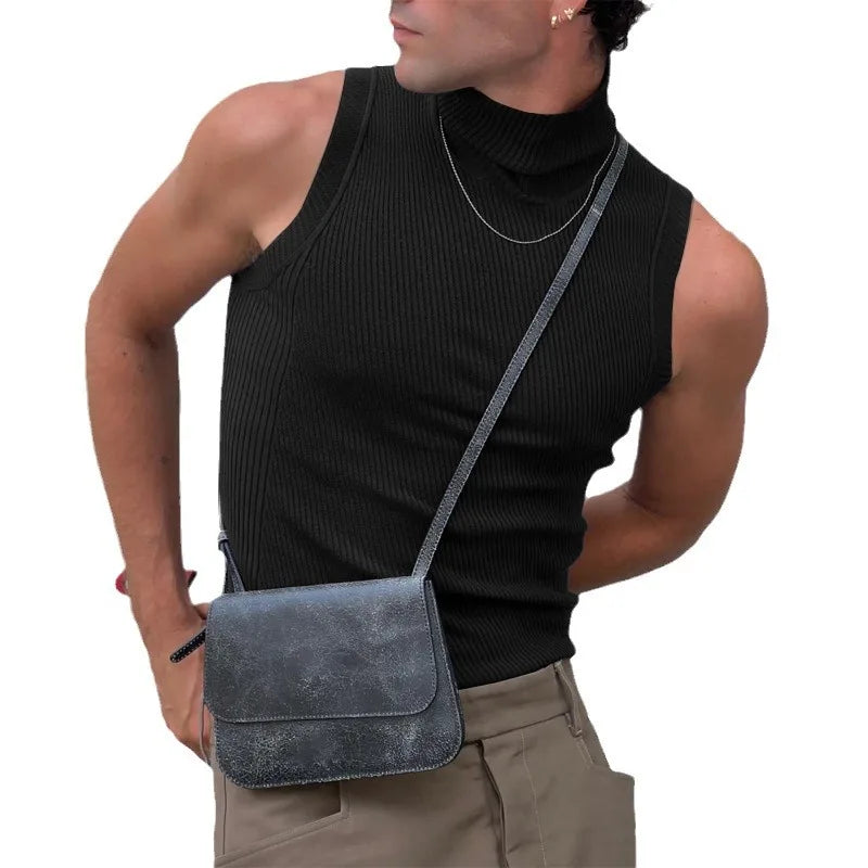 Spring and summer men's T-shirt solid color fashionable sleeveless bottoming shirt fashionable men's sexy tight turtleneck vest