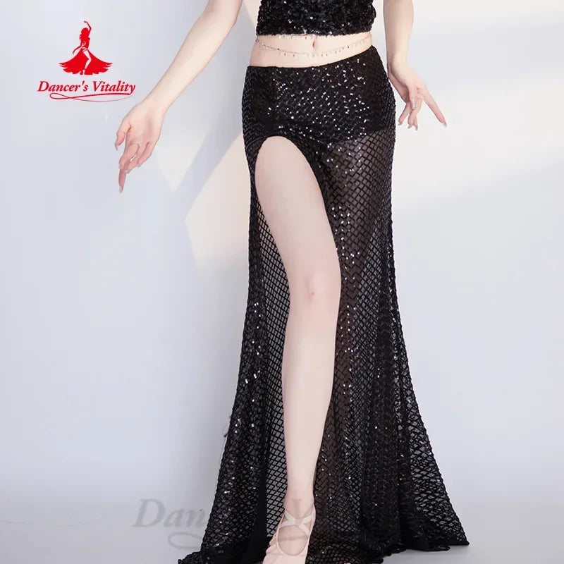 Belly Dance Practice Set for Women Sequin Sleeveless Top+Sexy Split Long Skirt 2pcs Adult Oriental Dance Performance Costumes