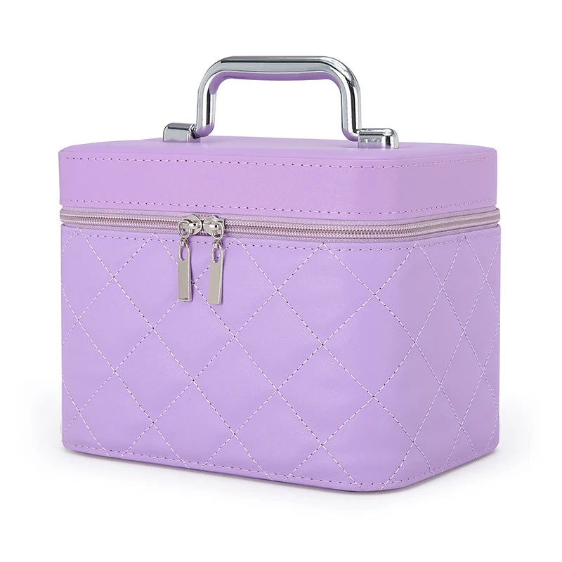 Large Capacity Quilted Makeup Bag Travel Cosmetic Organizer PU Portable Toiletry Storage Handheld Bag