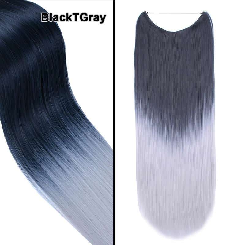 Jeedou One Piece Synthetic Hair Extension No Clips Whit Invisible Line Straight&Wavy Hair Hairpieces Brown Blue Ombre Color